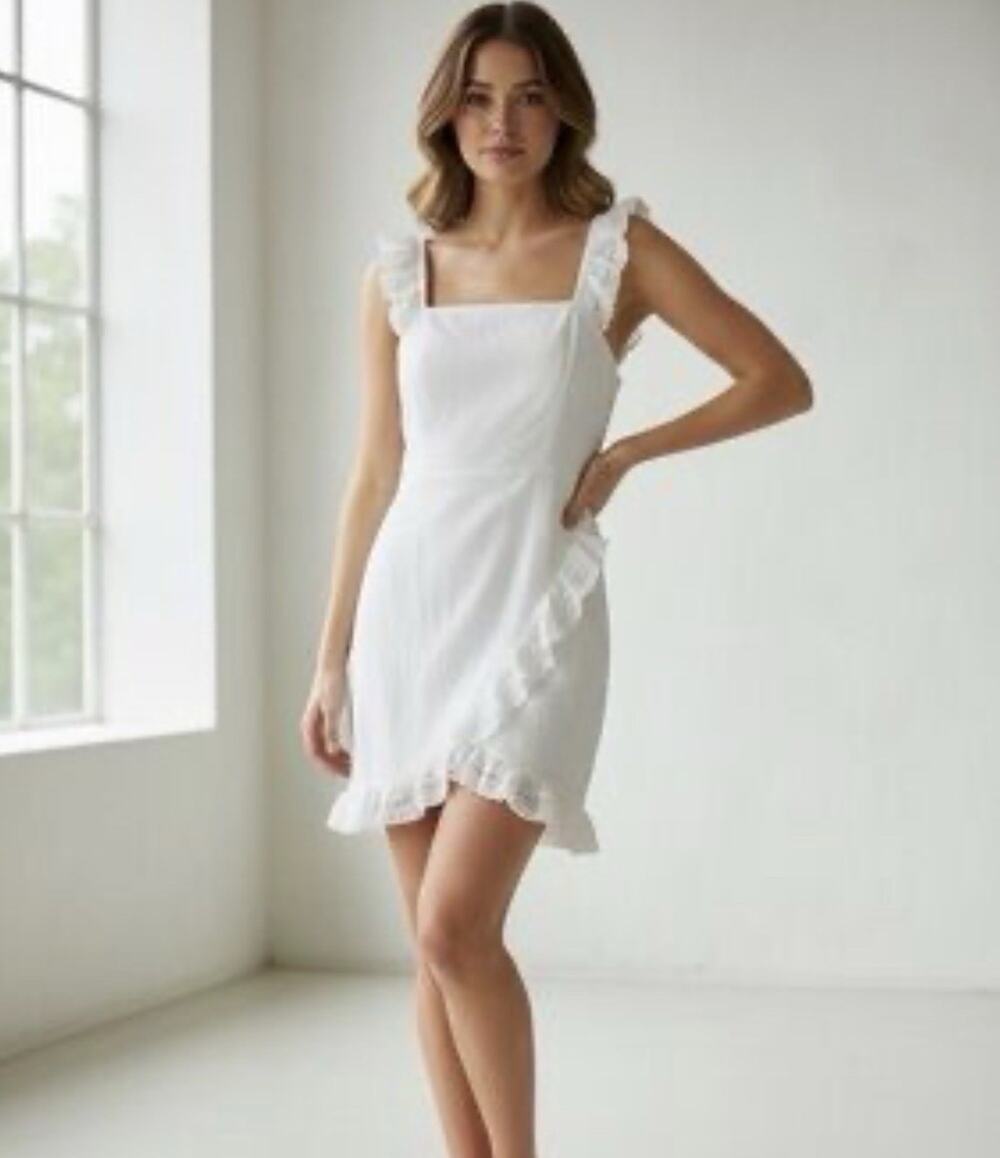 English Factory White Square Neck Mini Dress Sleeveless Ruffle Lace Lined S